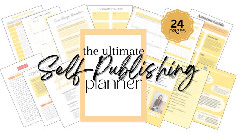 May include: A printable planner for self-publishing authors. The planner has 24 pages and includes sections for content calendar, launch week planner, Amazon guide, and more. The text "the ultimate self-publishing planner" is in a white box with a peach background.
