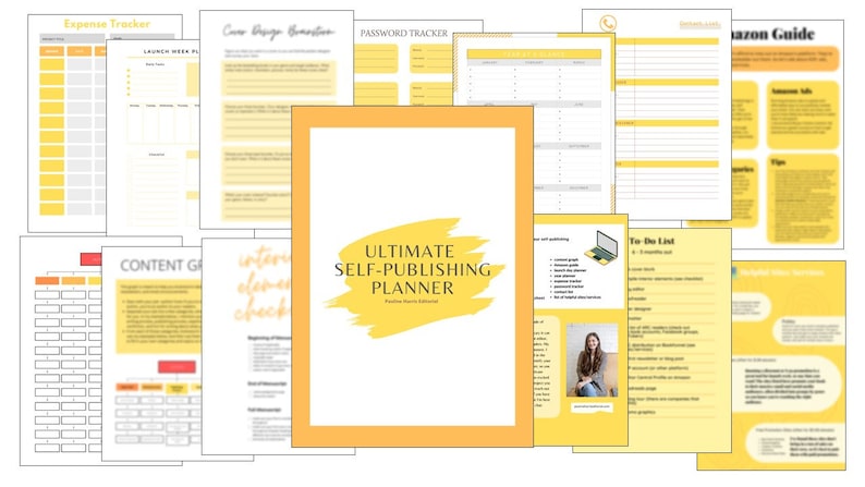 May include: A yellow and white printable planner with the text "Ultimate Self-Publishing Planner" and "Passion Hours Edition". The planner includes sections for content growth, interior design elements checklist, expense tracker, launch week plan, cover design questions, password tracker, to-do list, and an Amazon guide.