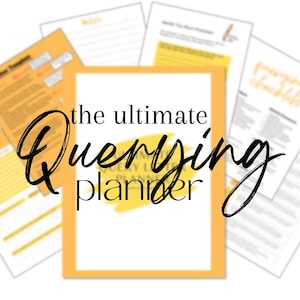 Peut inclure: Un planificateur imprimable jaune et blanc avec le texte "the ultimate Querying planner" en écriture cursive noire.