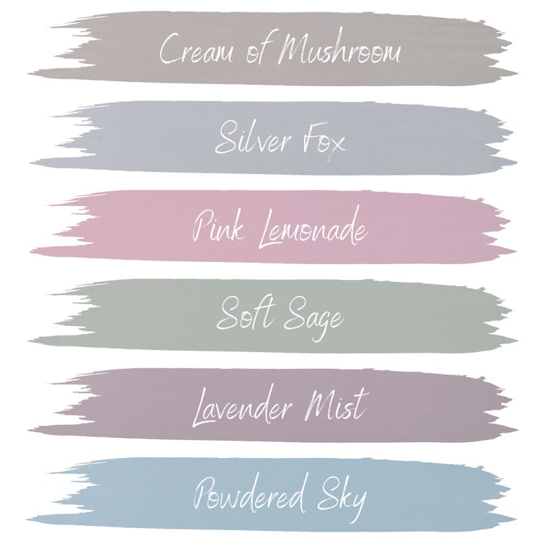 May include: A white background features six horizontal brushstrokes in various pastel colors. Each stroke has a unique color name in cursive script: Cream of Mushroom, Silver Fox, Pink Lemonade, Soft Sage, Lavender Mist, and Powdered Sky.