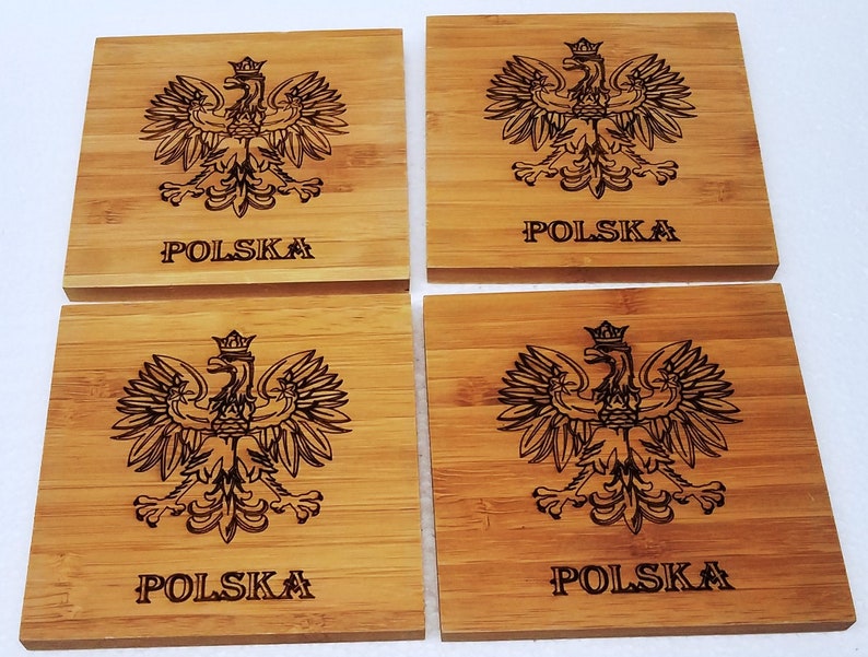 Polska Bamboo Wood Coaster Set Polish Falcon Etsy