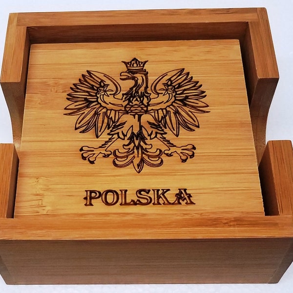 Polska Bamboo Wood Coaster Set Polish Falcon