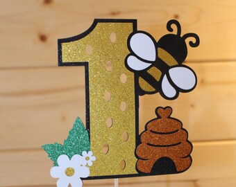 Bee 1st Birthday Cake Topper Gold Glitter Number 1 Honey Bee Party Decoration Birthday Party Kids Party