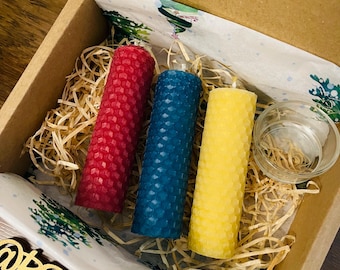 Handmade Beeswax Pillar Candle Set | Natural Honey Scent, Glass Holder (3 Pack)