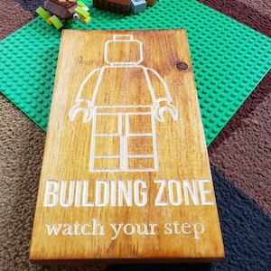 Personalizable- Building Zone watch your step, wooden sign, engraved Lego sign