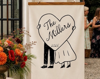 Hand Drawn Bride and Groom Wedding Banner Whimsical Welcome Sign Tapestry