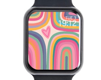 Fondo de pantalla de Apple Watch con diseño de arcoíris, ilustración dibujada a mano (descarga digital)