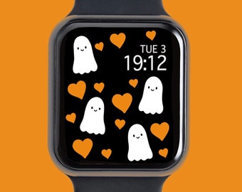APPLE WATCH WALLPAPER for Halloween, Fall Apple Watch Face, Cute Ghosts Watch Background, Orange and Black Watch Wallpaper, Instant Download