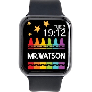 May include: Black smartwatch with a colorful crayon design and the text "MR. WATSON" on the screen. The time is 19:12 and the day is TUE 3.
