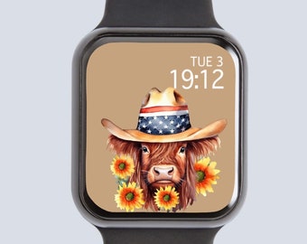 Patriotic Highland Cow Apple Watch Wallpaper, 4th July (Digital Download)