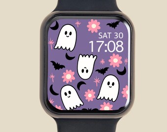Halloween Apple Watch Wallpaper, Cute Ghosts Apple Watch Face, Purple Watch Background, Digital Download