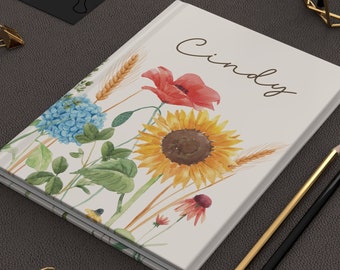 PERSONALIZE JOURNAL FLORAL, Custom Sunflower Notebook for women, Personalized Floral Journal, Gifts for her