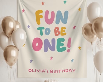 Fun to be One Birthday Girl Backdrop Banner: Pink First Birthday Fabric Sign