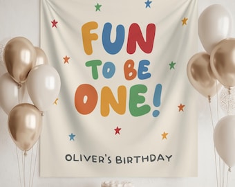 Fun To Be One 1st Birthday Backdrop Banner One is Fun Birthday Party Colorful Fabric Sign for Boys
