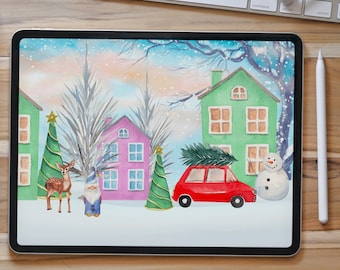 Fond d'écran IPad de Noël, fond d'iPad de Noël, fond numérique de Noël aquarelle, JPG.