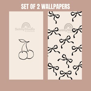 May include: Set of two digital phone wallpapers. The first wallpaper features a simple line drawing of two cherries. The second wallpaper features a repeating pattern of black bows on a cream background. Both wallpapers include the text "SelmyStudio by Ivana Del Dio".