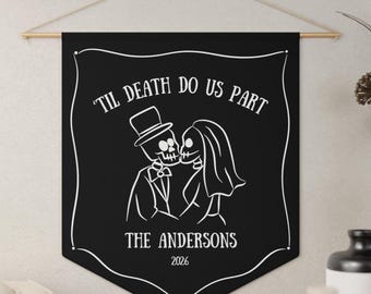 Gothic Wedding Sign Halloween Skeleton Banner Mr & Mrs Newlywed Gift, Personalized Couple Decoration, TIL Death Do Us Part Keepasake