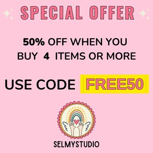May include: A pink background with a yellow banner that says "FREE50". The text above the banner says "SPECIAL OFFER 50% OFF WHEN YOU BUY 4 ITEMS OR MORE USE CODE FREE50". Below the banner is a logo with a rainbow, heart, and hands.