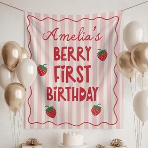 BERRY FIRST BIRTHDAY Party Decorations Backdrop Banner Strawberry Theme Party Decor Berry 1st Birthday Personalized  Custom Background Sign
