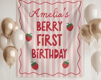 Banner de fondo para primer cumpleaños con temática de bayas: decoración para fiesta temática de fresas