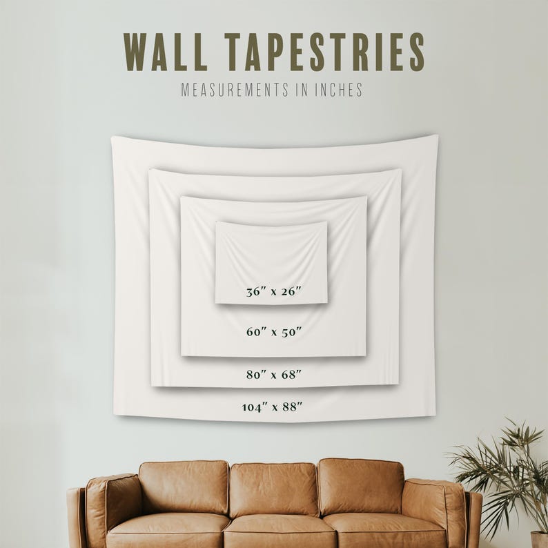 Op de afbeelding: Witte wandtapijten in verschillende maten worden getoond, met afmetingen in inches. De maten zijn 91 x 66 cm, 152 x 127 cm, 203 x 173 cm en 264 x 224 cm. De tekst "WANDTAPESTRIES" staat bovenaan.