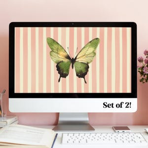 May include: A computer screen displaying a digital wallpaper with a green butterfly on a pink and white striped background. The text "Set of 2!" is displayed on the bottom right corner of the screen.