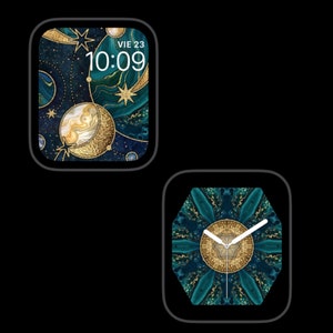 May include: Two watch faces with a celestial theme. The first watch face has a dark blue background with gold stars, a crescent moon, and a clock face that reads 10:09. The second watch face has a dark blue and green background with a gold mandala design.