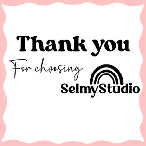 May include: Thank you for choosing SelmyStudio. The text is written in black on a white background with a rainbow graphic.