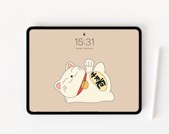 Lucky Cat Maneki Neko iPad Wallpaper, Kawaii Tablet Background