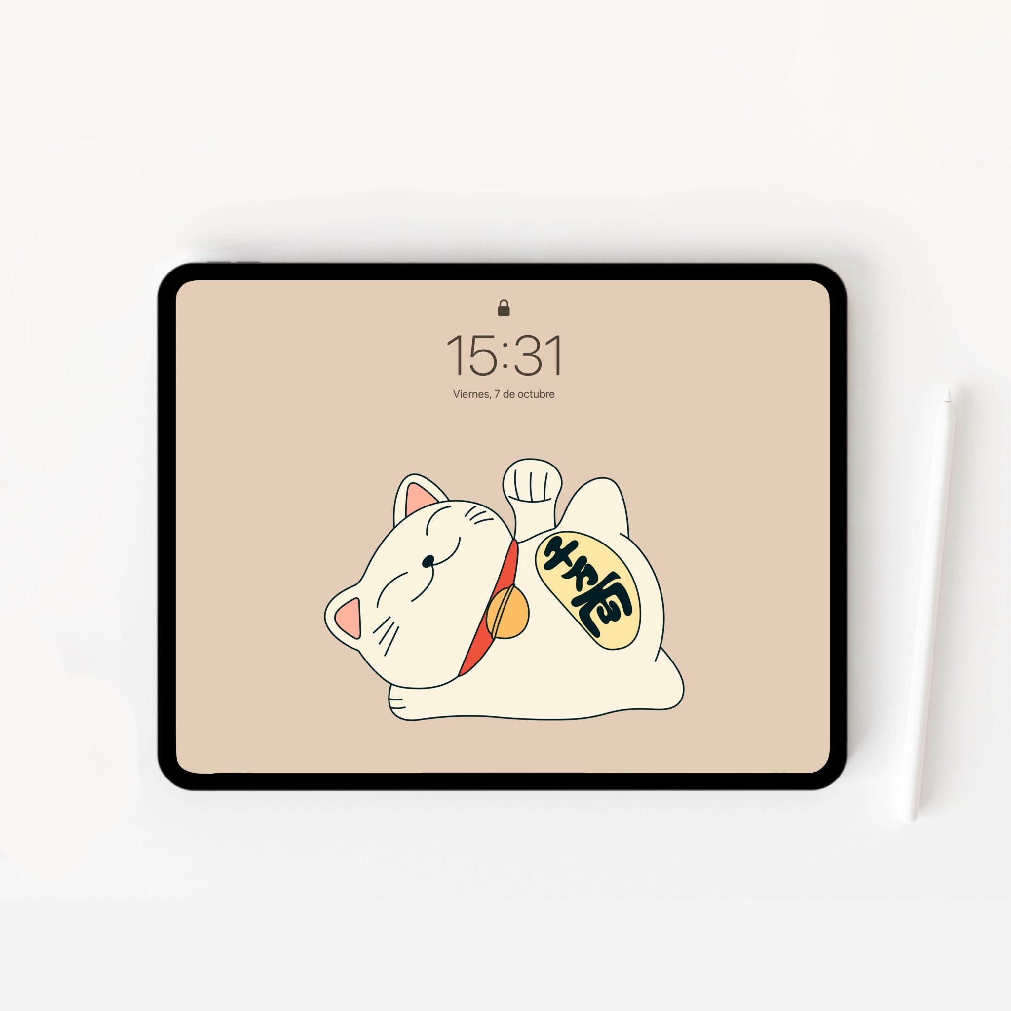 Lucky Cat Maneki Neko iPad Wallpaper, Kawaii Tablet Background
