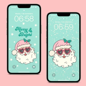 May include: Two phone screen mockups with a turquoise background and a cartoon Santa Claus wearing pink sunglasses and a pink hat with a holly sprig. The text "Merry & Bright" is on the top of the screen on the left mockup. The time is 06:58 on the left mockup and 06:59 on the right mockup.