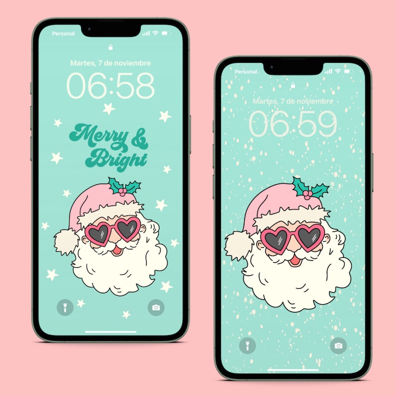 May include: Two phone screen mockups with a turquoise background and a cartoon Santa Claus wearing pink sunglasses and a pink hat with a holly sprig. The text "Merry & Bright" is on the top of the screen on the left mockup. The time is 06:58 on the left mockup and 06:59 on the right mockup.