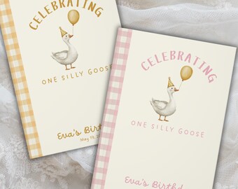ONE SILLY GOOSE 1st Birthday Letters Personalized Notebook Goose Birthday Party Guest Book Baby Memory Book Custom Journal Boy Girl Gingham