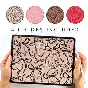 May include: Four iPad backgrounds featuring a black and white bow pattern. The backgrounds are in four different colours: beige, pink, brown, and red.