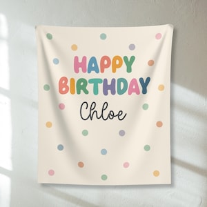 May include: A rectangular fabric wall hanging with a cream-colored background featuring a pattern of small, multicolored polka dots. The text "HAPPY BIRTHDAY" is printed in large, rounded, colorful letters, with the name "Chloe" in black script below.
