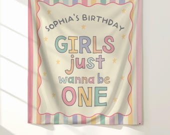Girls Just Wanna Be One Backdrop: Personalized First Birthday Banner Pastel Sign