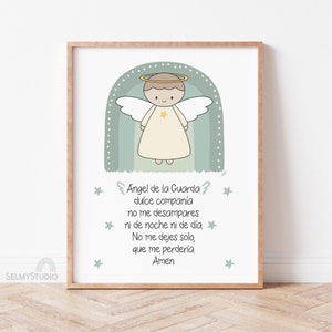 ANGEL de la GUARDA, prière de l'ange gardien, impression d'ange gardien, décor d'art mural imprimable, art espagnol pour enfants, téléchargement immédiat