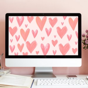 Pink Hearts Wallpaper, Pastel Aesthetic Desktop Background, Feminine Valentines Day Background, Widescreen Valentines Wallpaper Pink