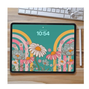 Groovy Blumen mit Regenbogen Hintergrund iPad Hintergrundbild - Retro Floral IPad Startbildschirm - Floral Ipad Hintergrundbild Aesteht IPad Hintergrund