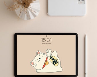 Lucky Cat Maneki Neko iPad Wallpaper, Kawaii Tablet Background