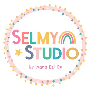 May include: A pink circle with yellow, blue, and white polka dots surrounds the text "SELMYA STUDIO" in colourful letters with a rainbow graphic. The text "by Ivana Del Do" appears below the logo.