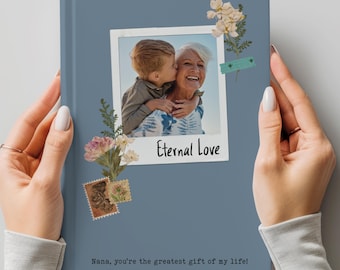 May include: A blue photo album with a polaroid-style photo of a grandmother and child, with the words "Eternal Love." The album is decorated with flowers and stamps. The text "Nana, you're the greatest gift of my life!" is at the bottom.