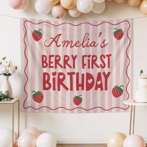 BERRY FIRST BIRTHDAY Party Decorations Backdrop Banner Strawberry Theme Party Decor Berry 1st Birthday Personalized  Custom Background Sign