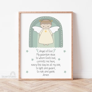 Impresión de oración del ángel guardián, Ángel de la Guarda, Oración del Ángel de Dios, Arte de la pared católica, Niños católicos, Descarga digital