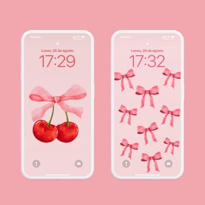 Pink BOW COQUETTE Cherry Wallpaper, Pink Bow Phone Wallpaper, Cherry Bow Coquette iPhone Wallpaper, Girly Wallpaper, Preppy Phone Wallpaper