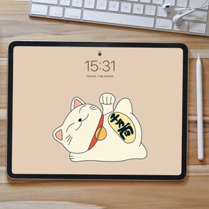 Lucky Cat Maneki Neko Kawaii  IPad Wallpaper, Kawaii Wallpaper,Cute Wallpaper,  Aesthetic Tablet Background, Instant Download.