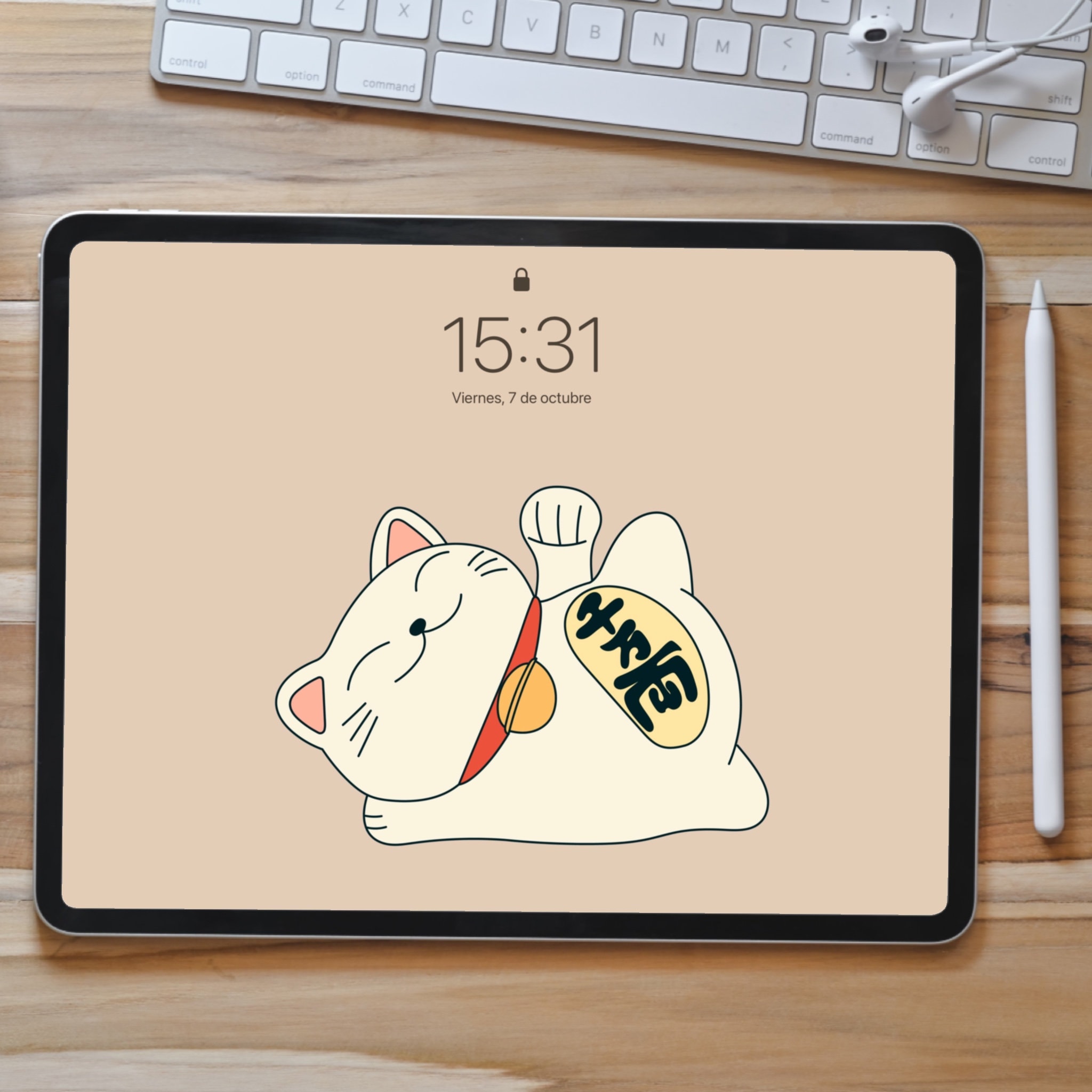 Lucky Cat Maneki Neko iPad Wallpaper, Kawaii Tablet Background