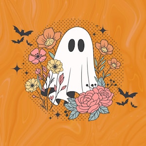 May include: A white ghost with two black eyes surrounded by pink, orange, and yellow flowers and bats on a brown background.