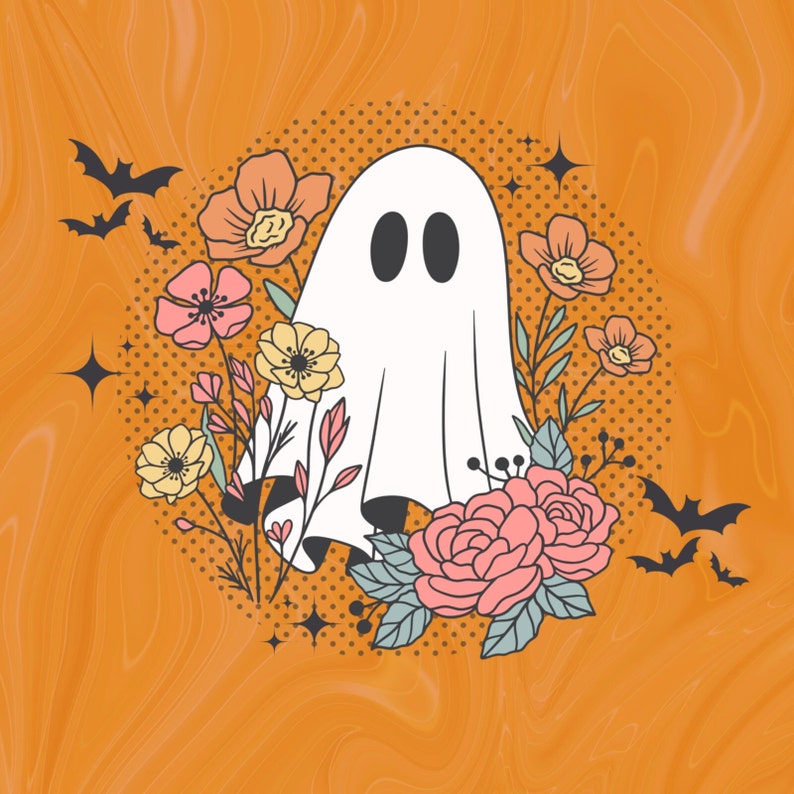 May include: A white ghost with two black eyes surrounded by pink, orange, and yellow flowers and bats on a brown background.