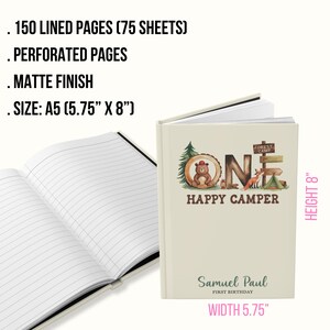 Libro de visitas para fiesta de cumpleaños de un campista feliz, libro de cartas personalizado para el primer cumpleaños de camping, decoración para fiesta en el bosque, libro de recuerdos para bebés campistas imagen 3